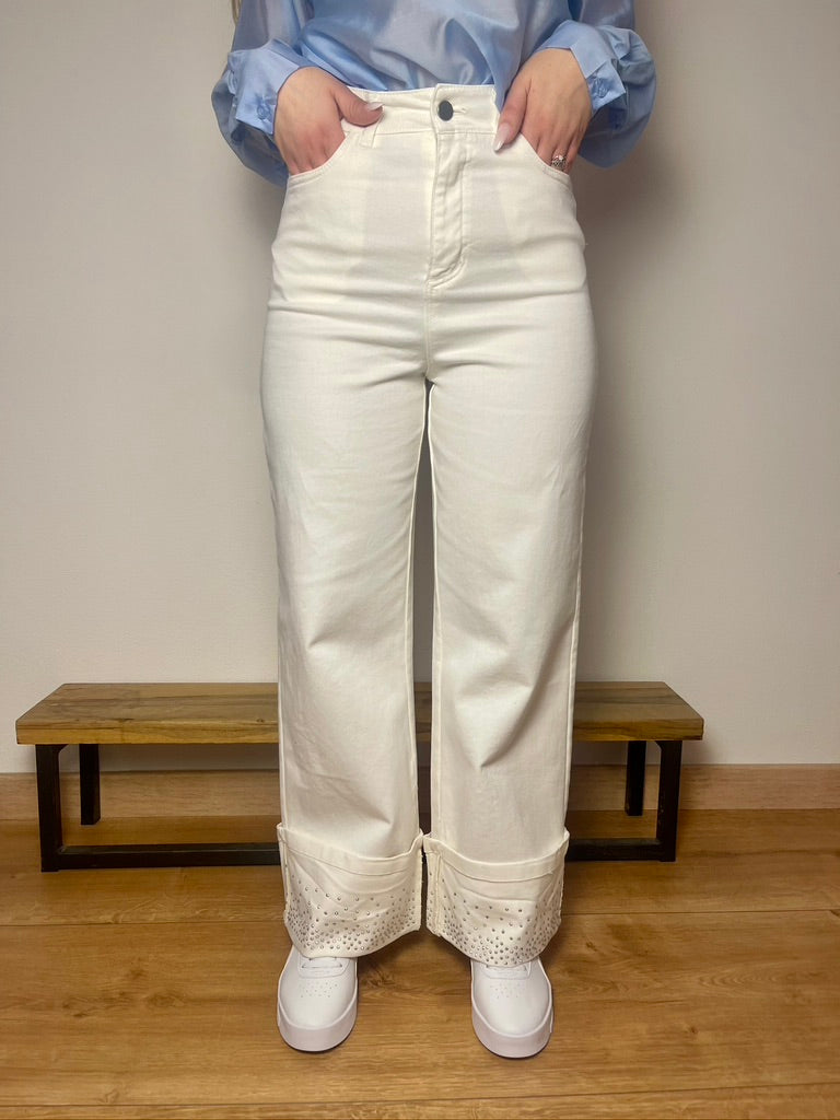 Jeans Panna a vita alta con Risvolto Strass