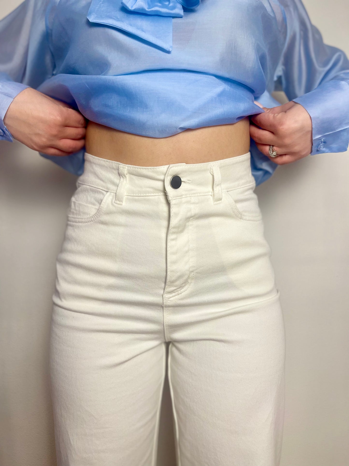 Jeans Panna a vita alta con Risvolto Strass