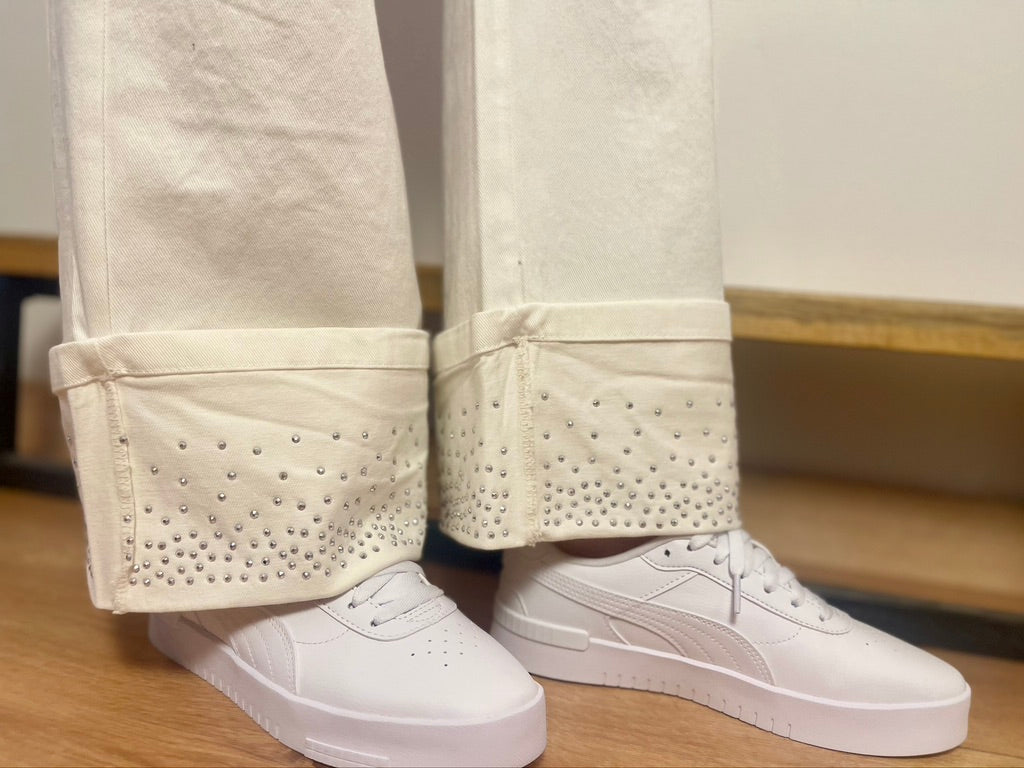 Jeans Panna a vita alta con Risvolto Strass