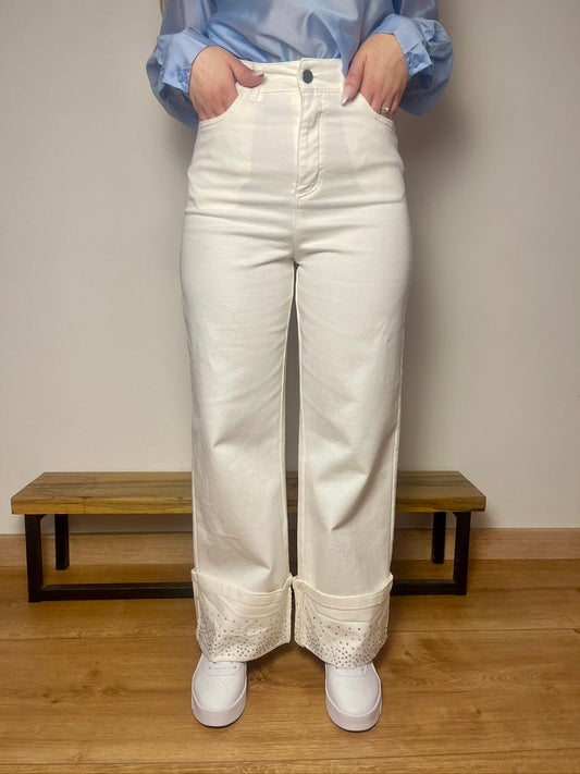 Jeans Panna a vita alta con Risvolto Strass