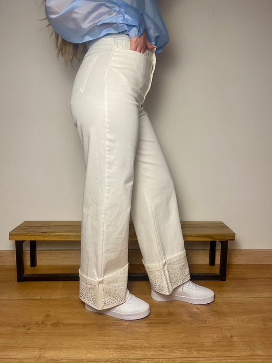 Jeans Panna a vita alta con Risvolto Strass